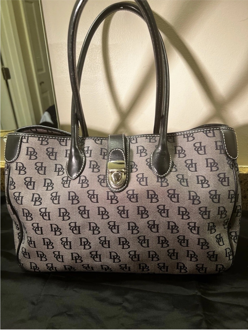 Dooney & Burke Monogram Tote Bag Purse Satchel in Gray Black Canvas & Leather